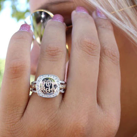 CZ Rimmed Monogram Two Toned Stacking Ring R87154