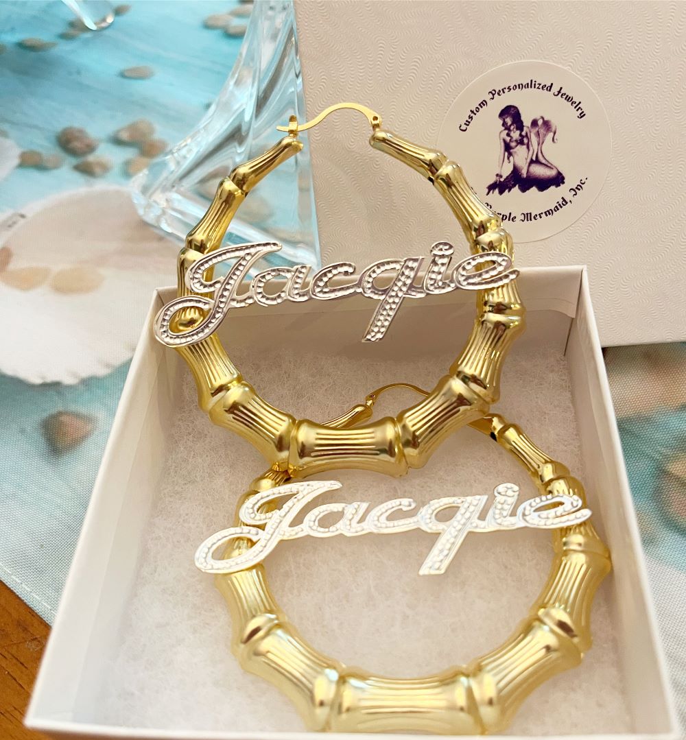 Large Bamboo Name Hoop Earrings - Mixed Metal jacqui