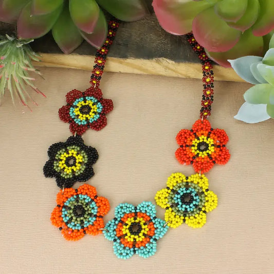 Boho Glass Bead Flower Necklace