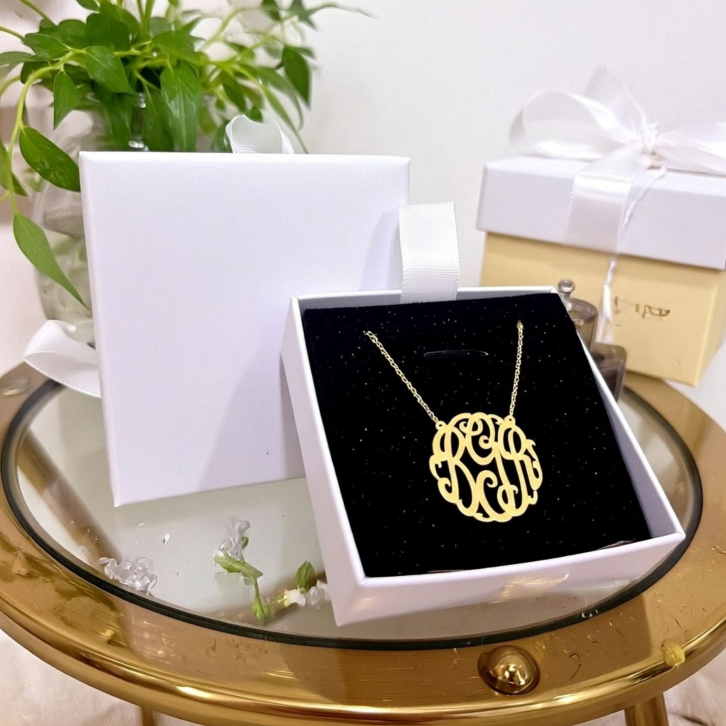 24K Gold Plated Fancy Script Monogram Necklace-Split Chain 4