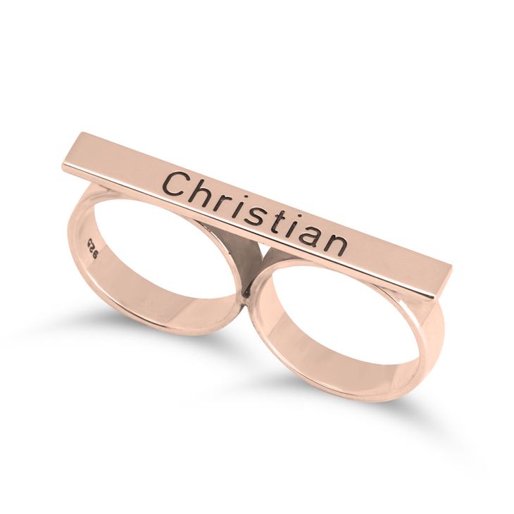 rose gold engraved bar two finger ring