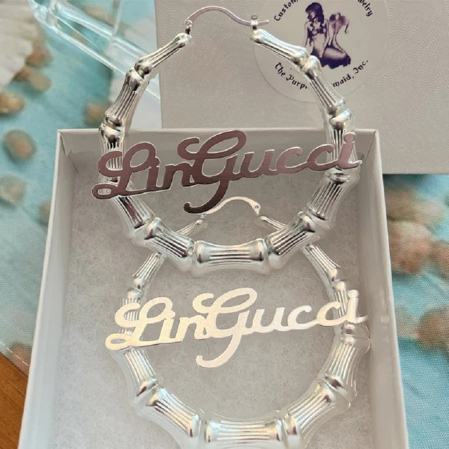 silver bamboo name hoop earrings