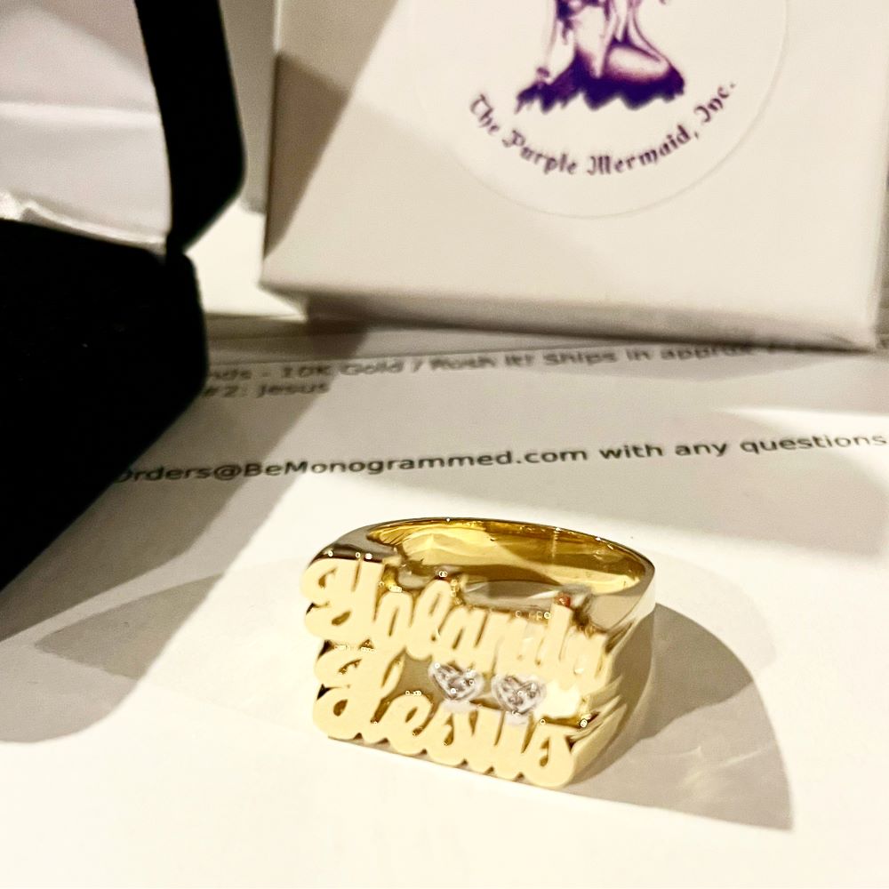 two name ring with diamonds