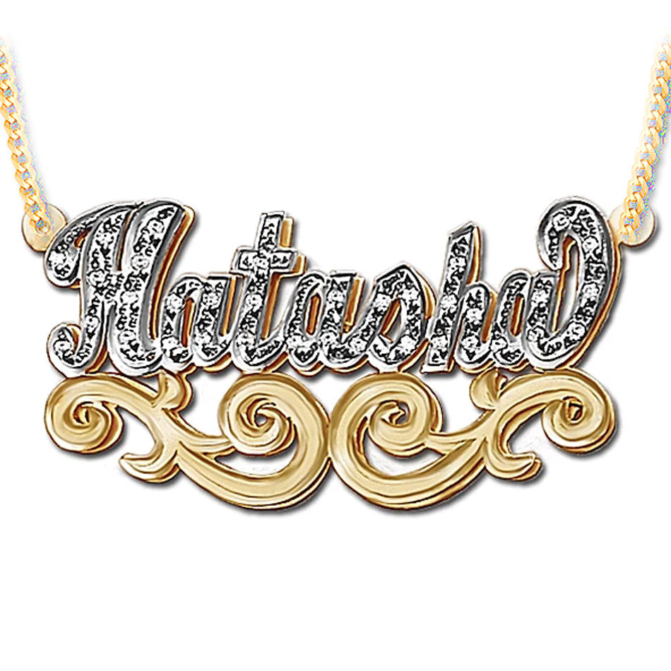 Gold 3D Double Plated CZ Nameplate Necklace with Scroll