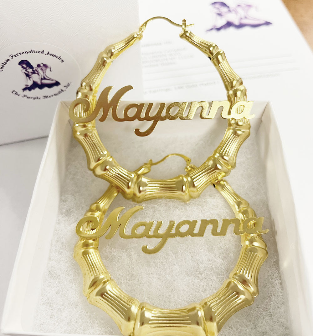 Silver Bamboo Name Hoop Earrings 4