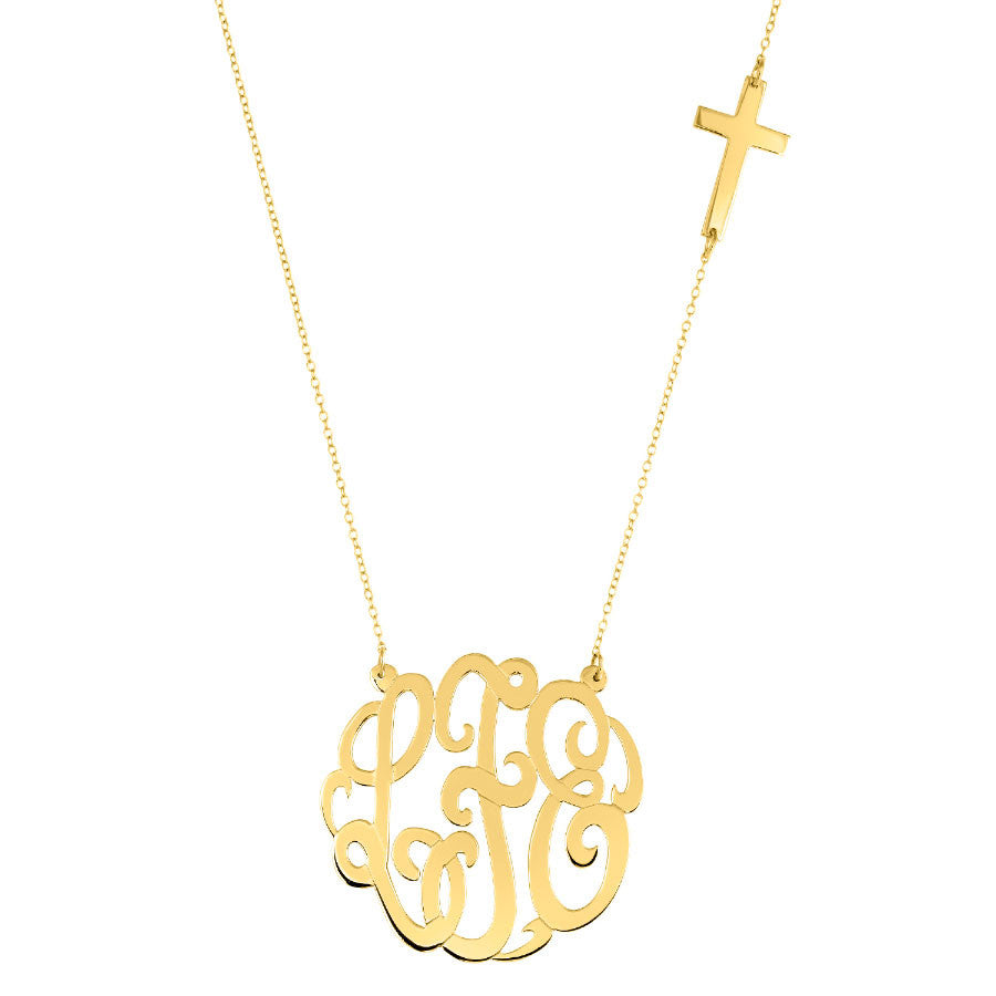 Gold Monogram With Sideways Cross Necklace