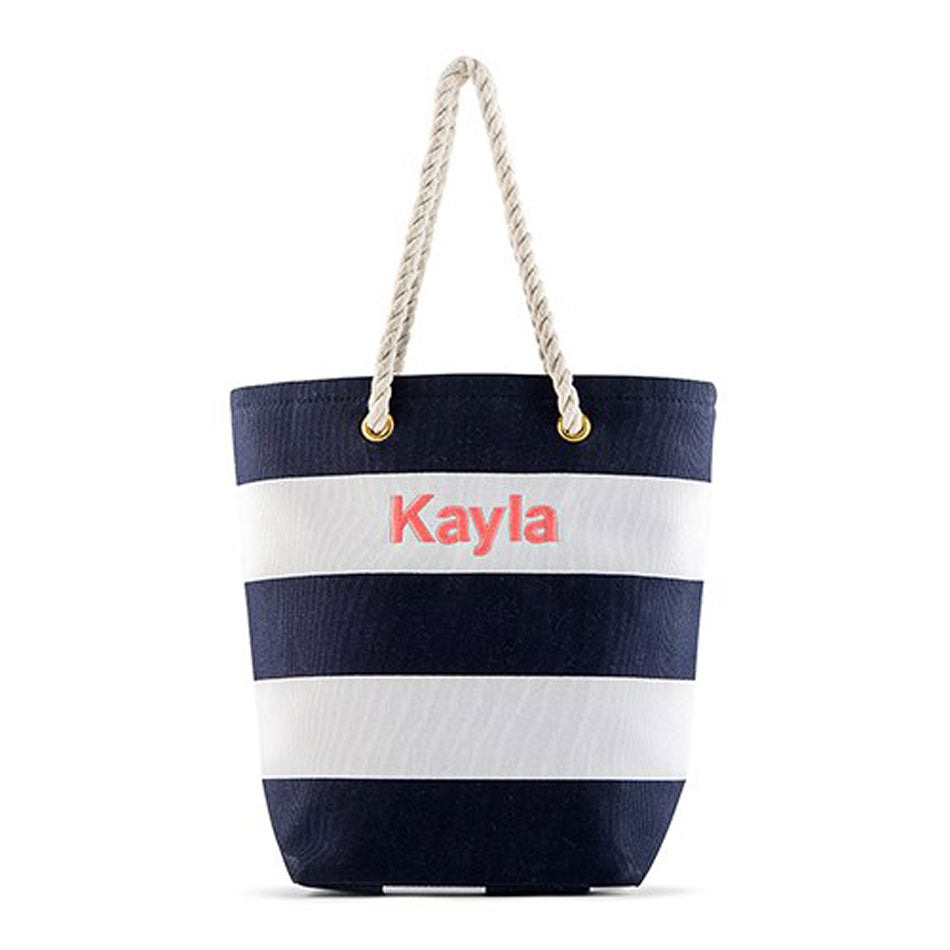 Monogram Navy Stripe Tote Bag - Rope Handles