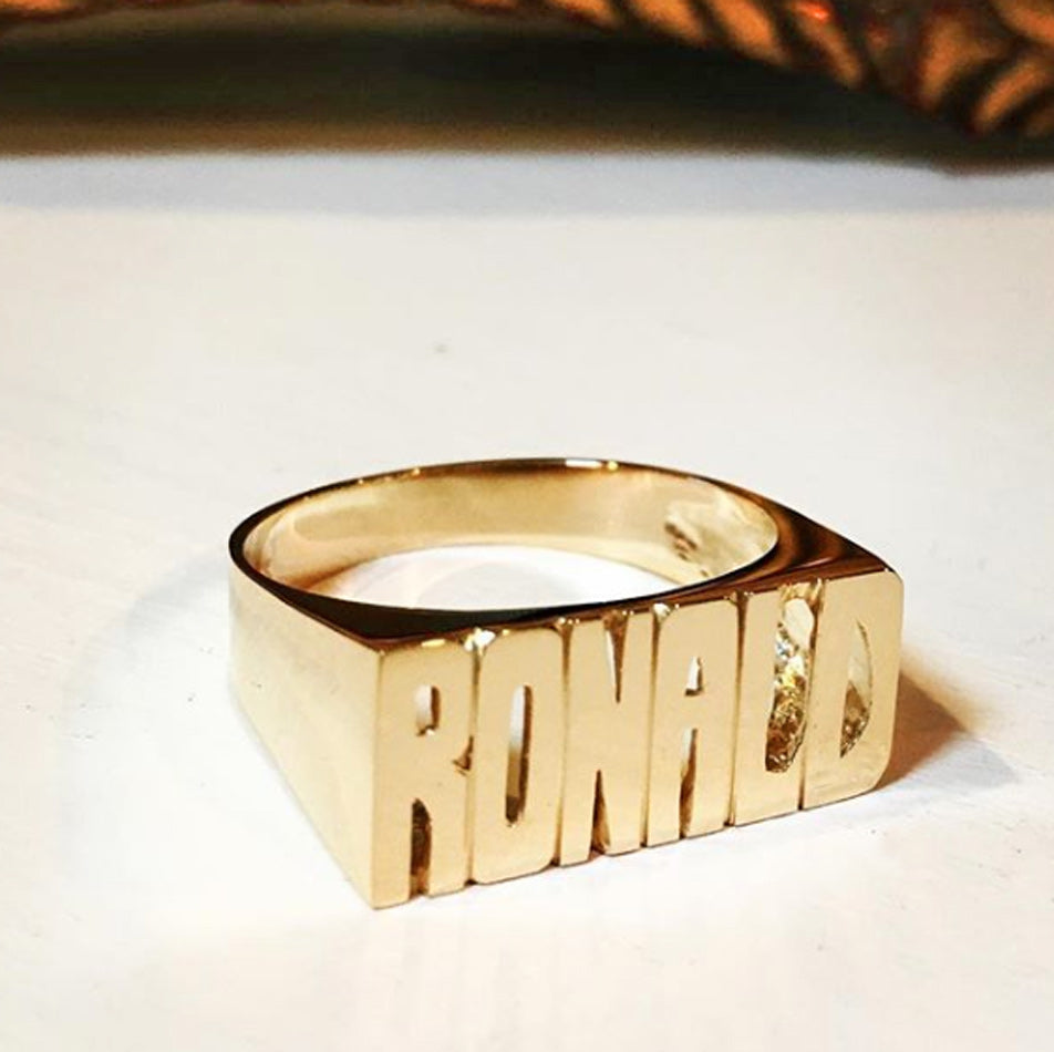 Large Block Gold Name Ring 2