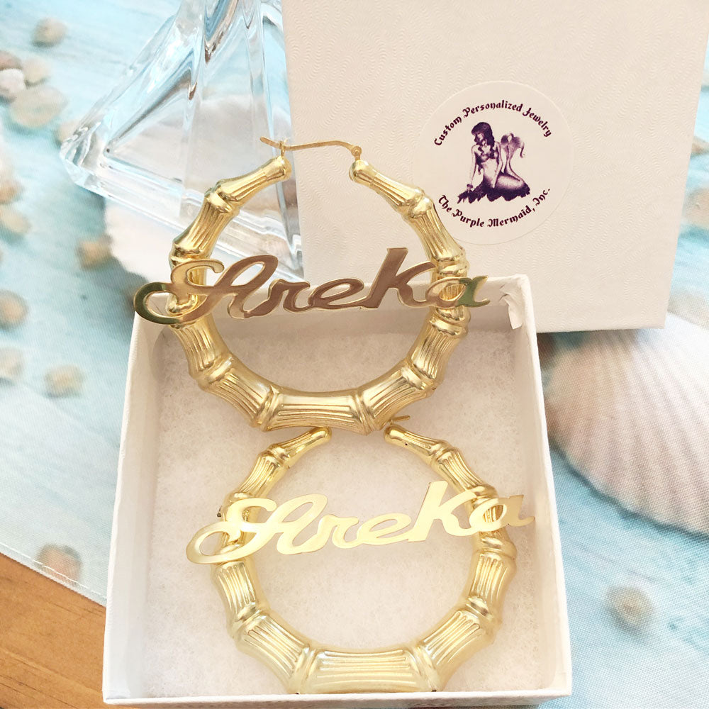 Gold Large Bamboo Name Hoop Earrings Areka