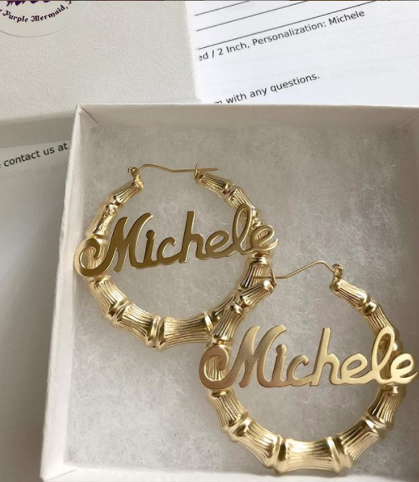 Bamboo name hoop earrings