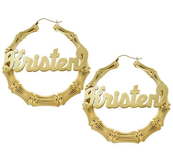 10K gold bamboo name hoop earrings