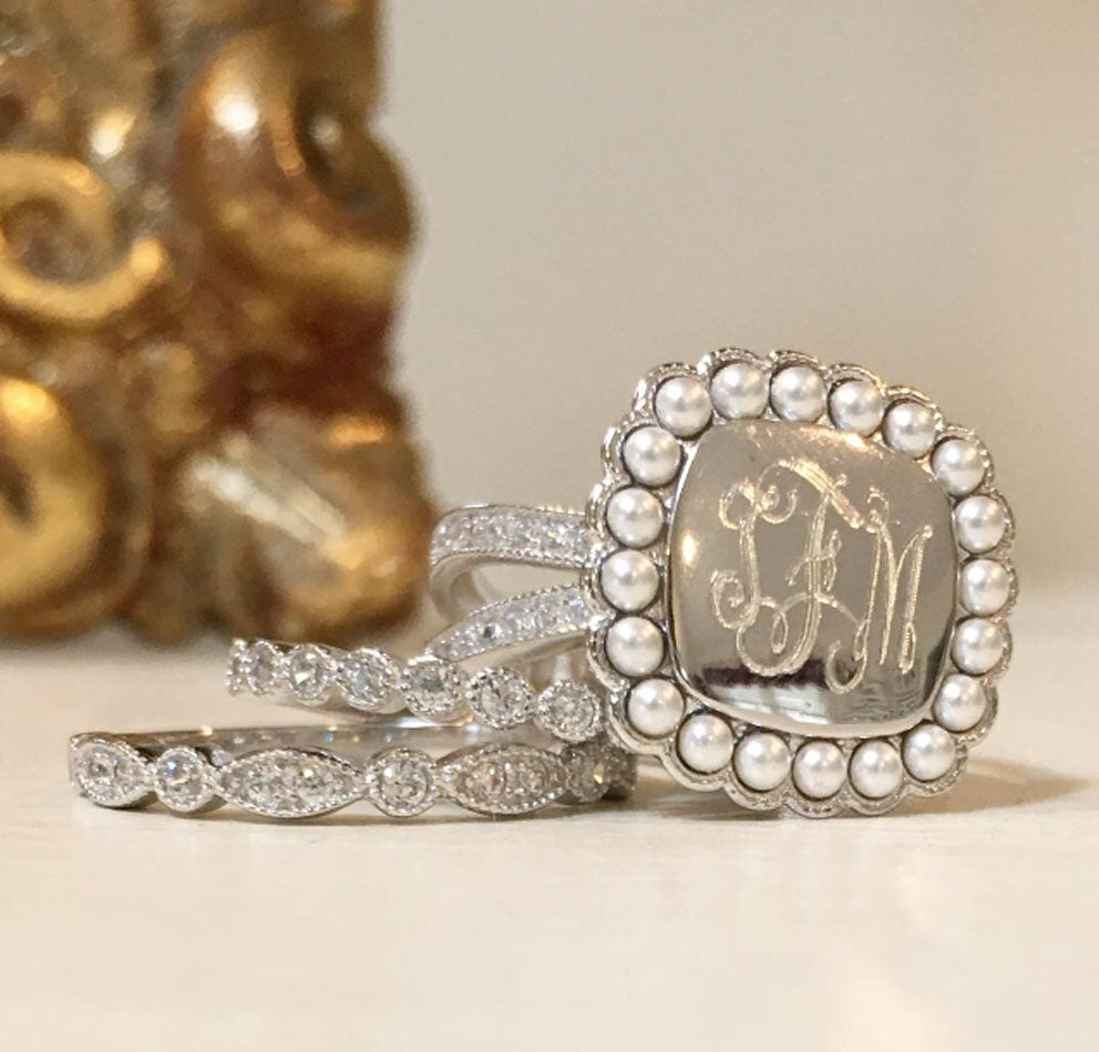 Silver CZ and Pearl Rimmed Monogram Stacking Ring 6