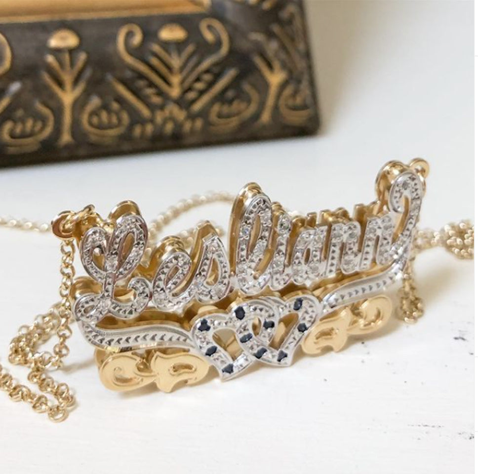 3D Double Plated CZ Nameplate Necklace - Two Hearts 5