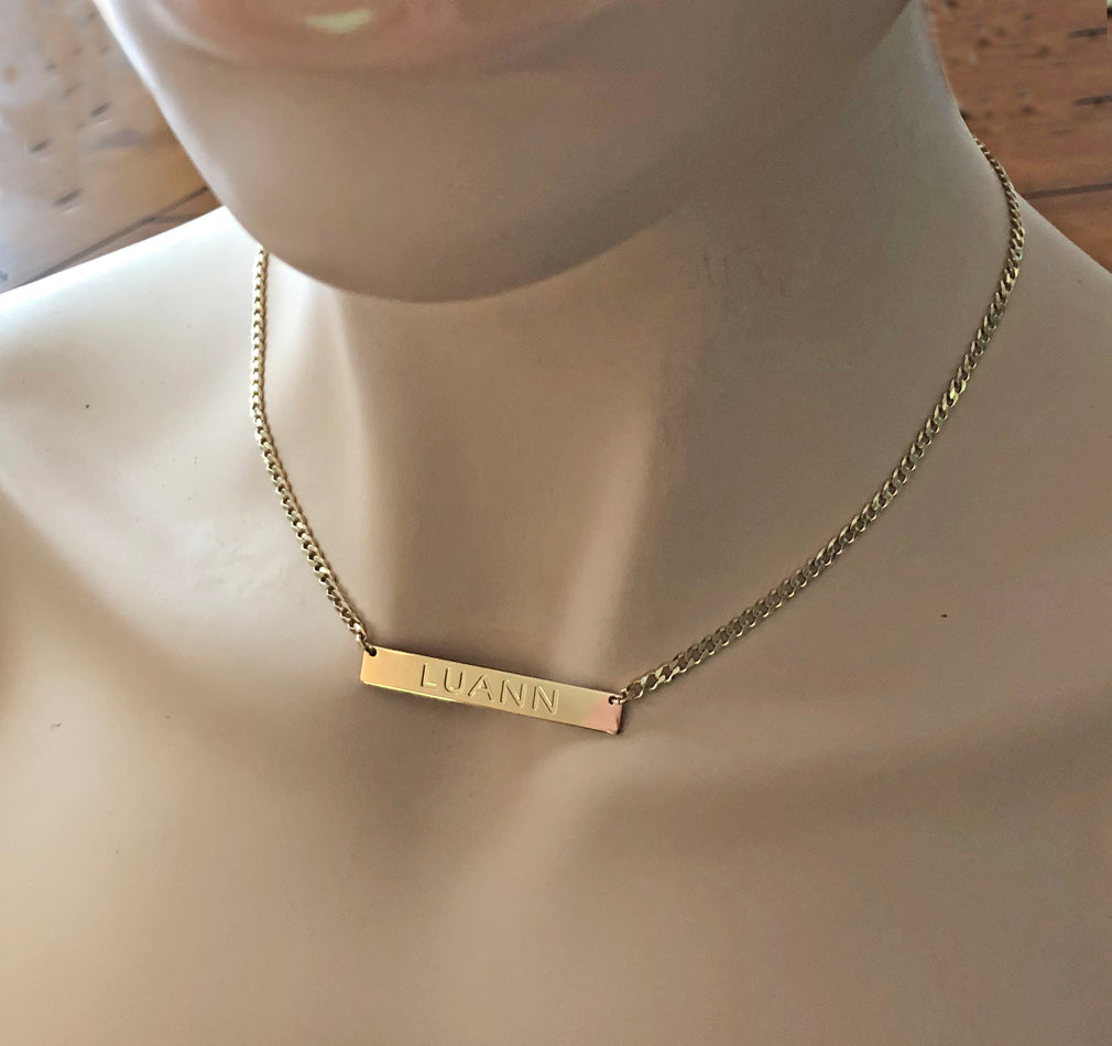 Engraved Gold Bar Necklace on Cuban Curb Chain