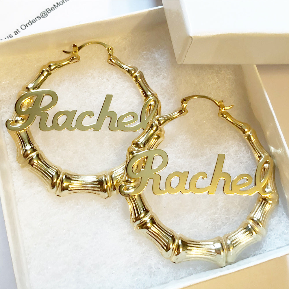 gold bamboo name hoop earrings