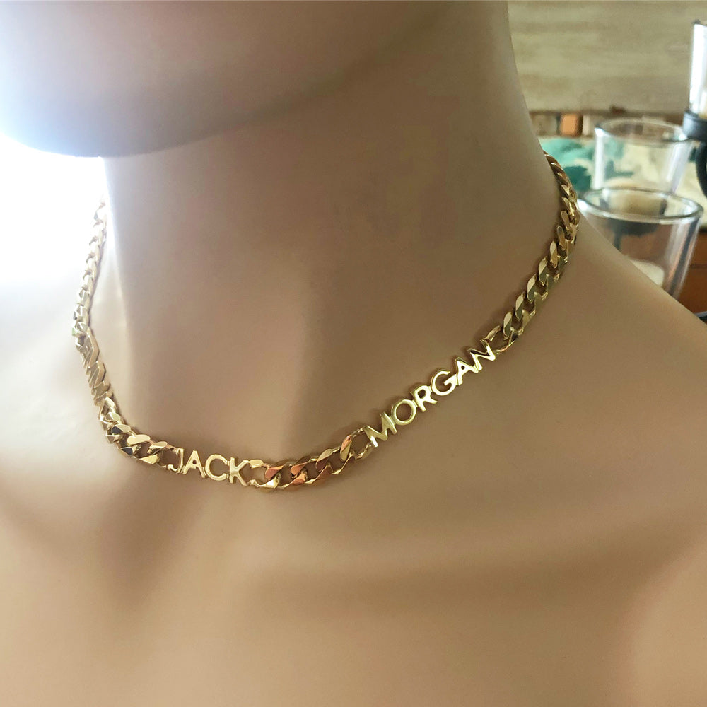 Custom Name Choker Necklace - 1-4 Names Four Nameplates / Gold Vermeil / 16 inch