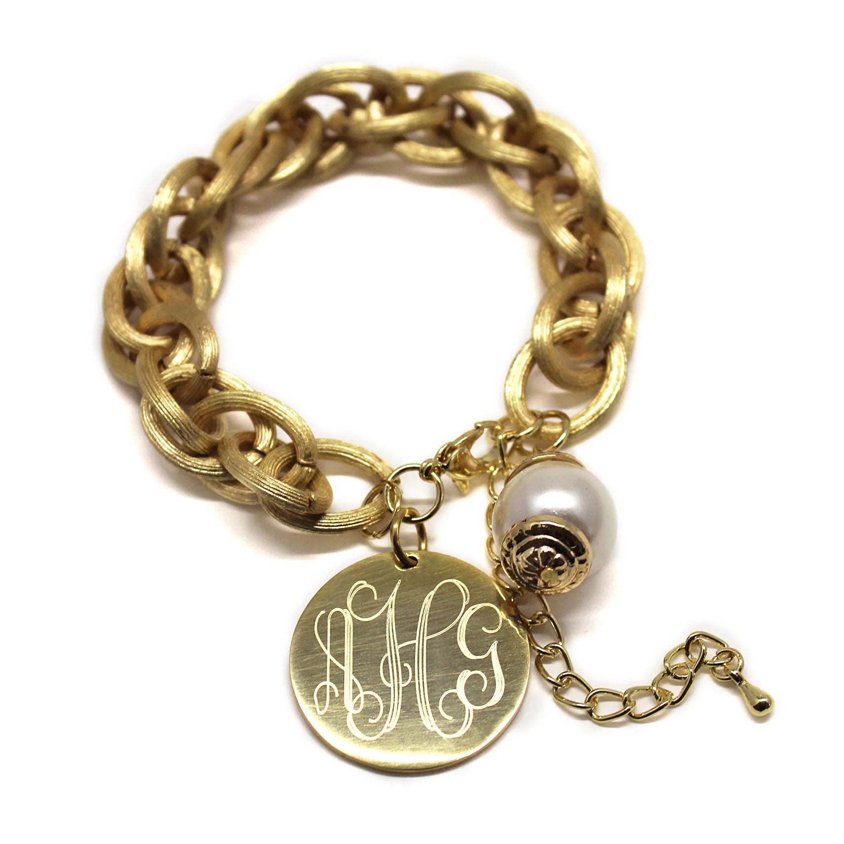 Gold Monogram Charm Bracelet with Pearl Silver Plated / Interlocking Script