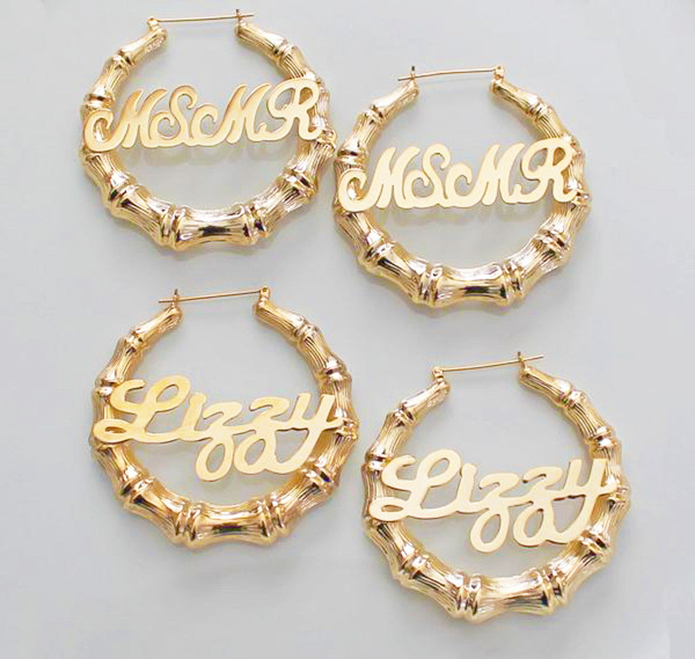 24K Gold Plated Large Bamboo Name Hoop Earrings Alternate 1