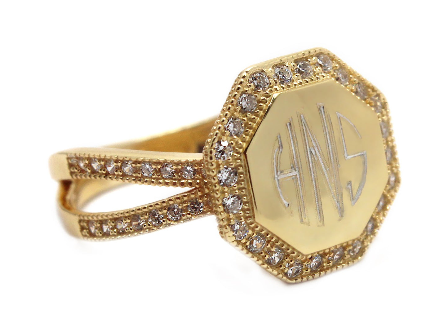 Octagon CZ Monogram Ring - Split Band - Gold