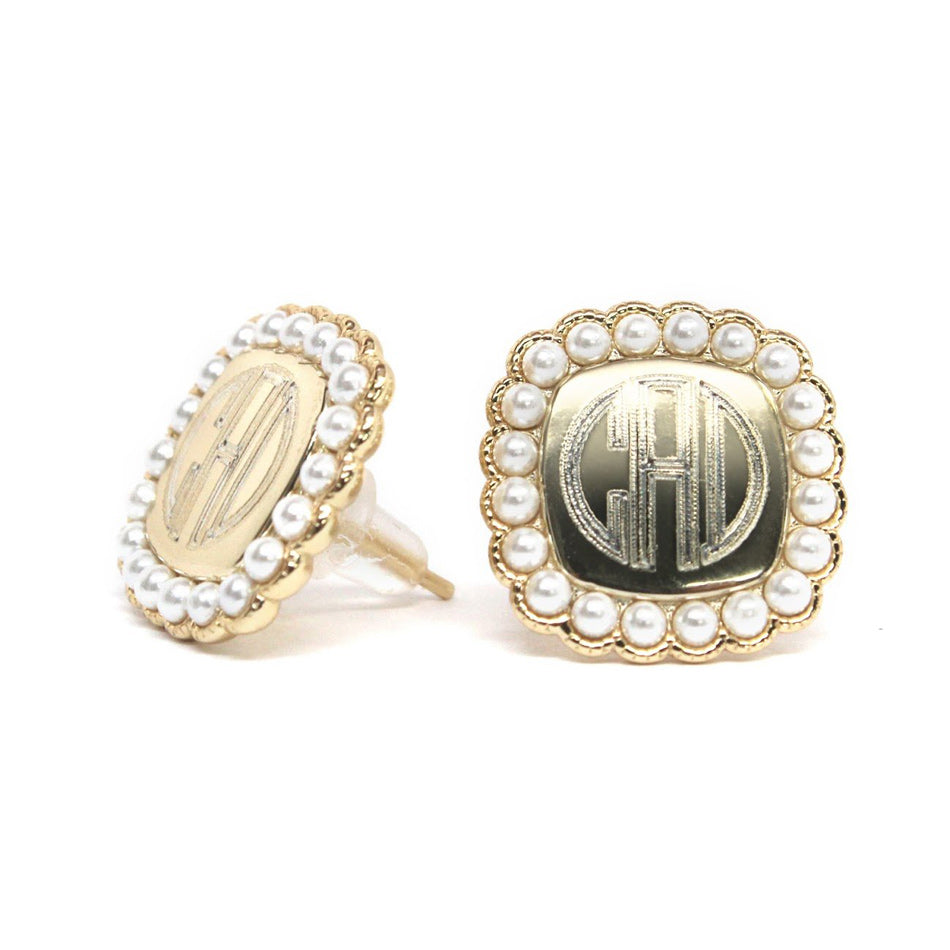 Gold Pearl Monogram Earrings