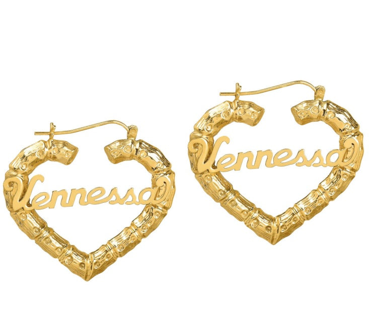 Heart Name Bamboo Hoop Earrings