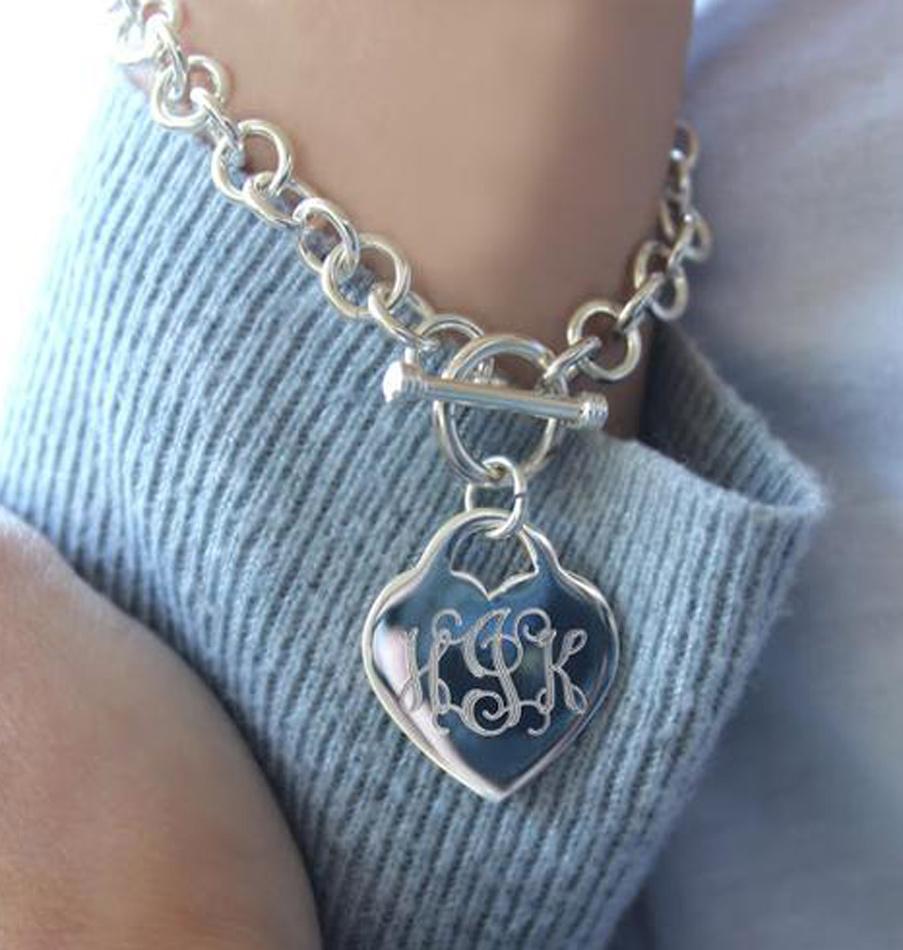 Silver Monogram Heart Tag Charm Bracelet