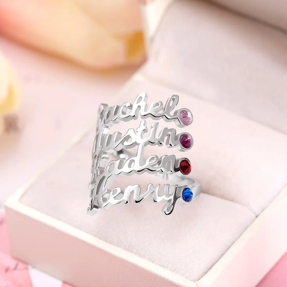 Personalized Name Birthstone Ring / 1-4 Names 4