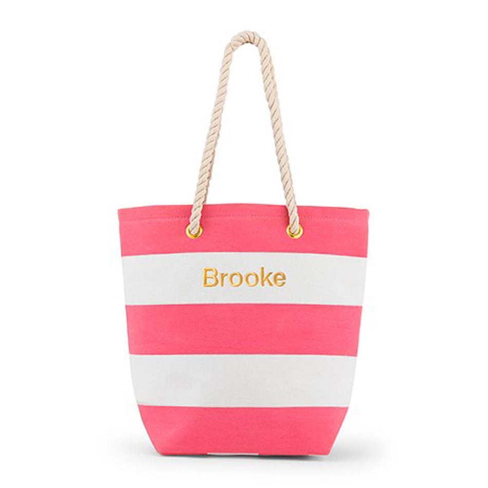 Monogram Pink Stripe Tote Bag - Rope Handles