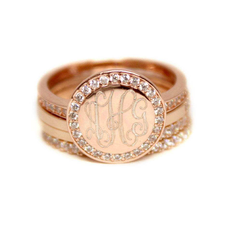 rose gold CZ Rimmed Monogram Stacking Ring