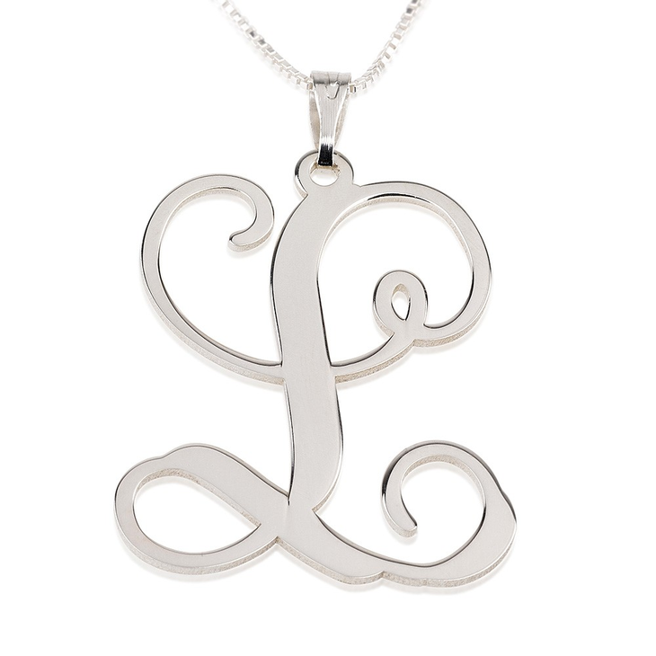 Sterling Silver initial Necklace-Cursive Initial Charm Letter