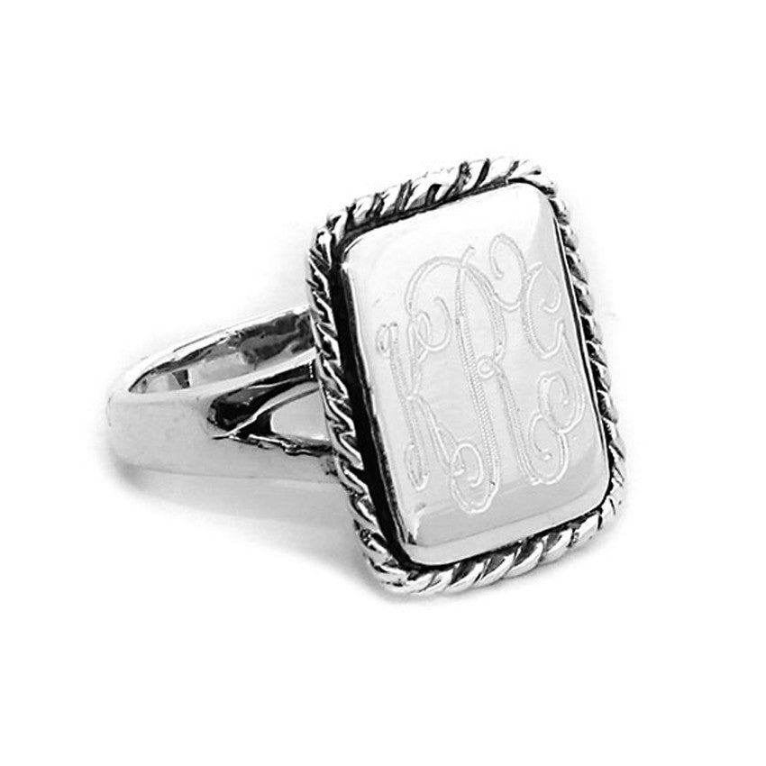 Silver Plated Rectangular Rope Trim Monogram Ring