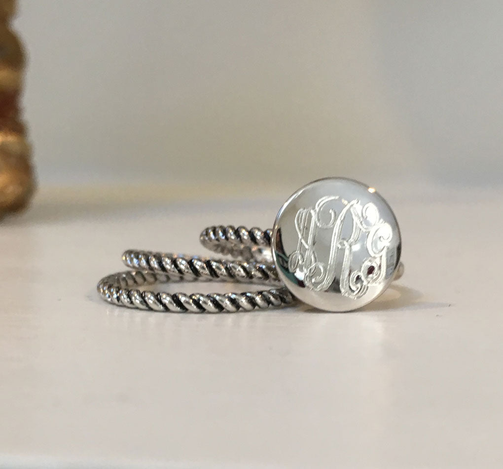 Sterling Silver Rope Trim Monogram Stacking Ring 3