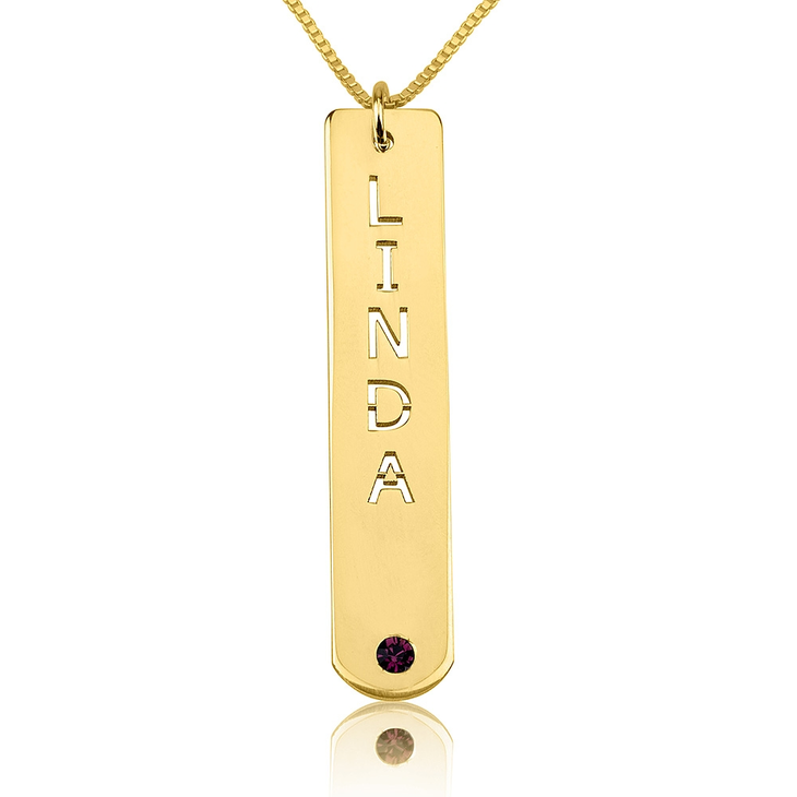 Personalized Vertical Gold Bar Necklace with Birthstone – Be