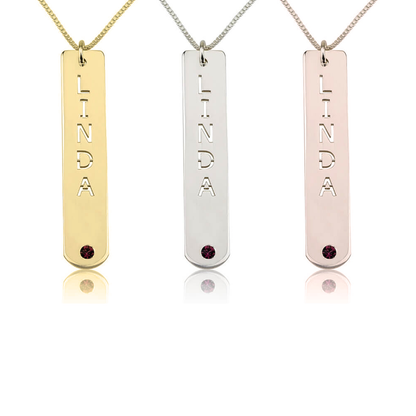 Personalized Vertical Gold Bar Necklace with Birthstone 2