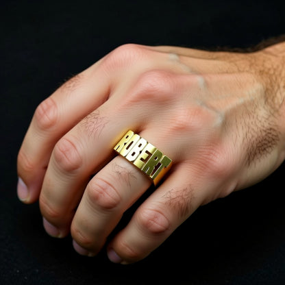 Large Block Gold Name Ring on a hand