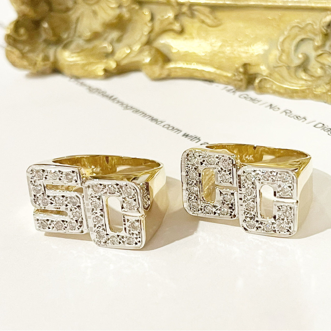 Large Block Diamond Initial Ring with 2 Pt Diamonds – Be Monogrammed
