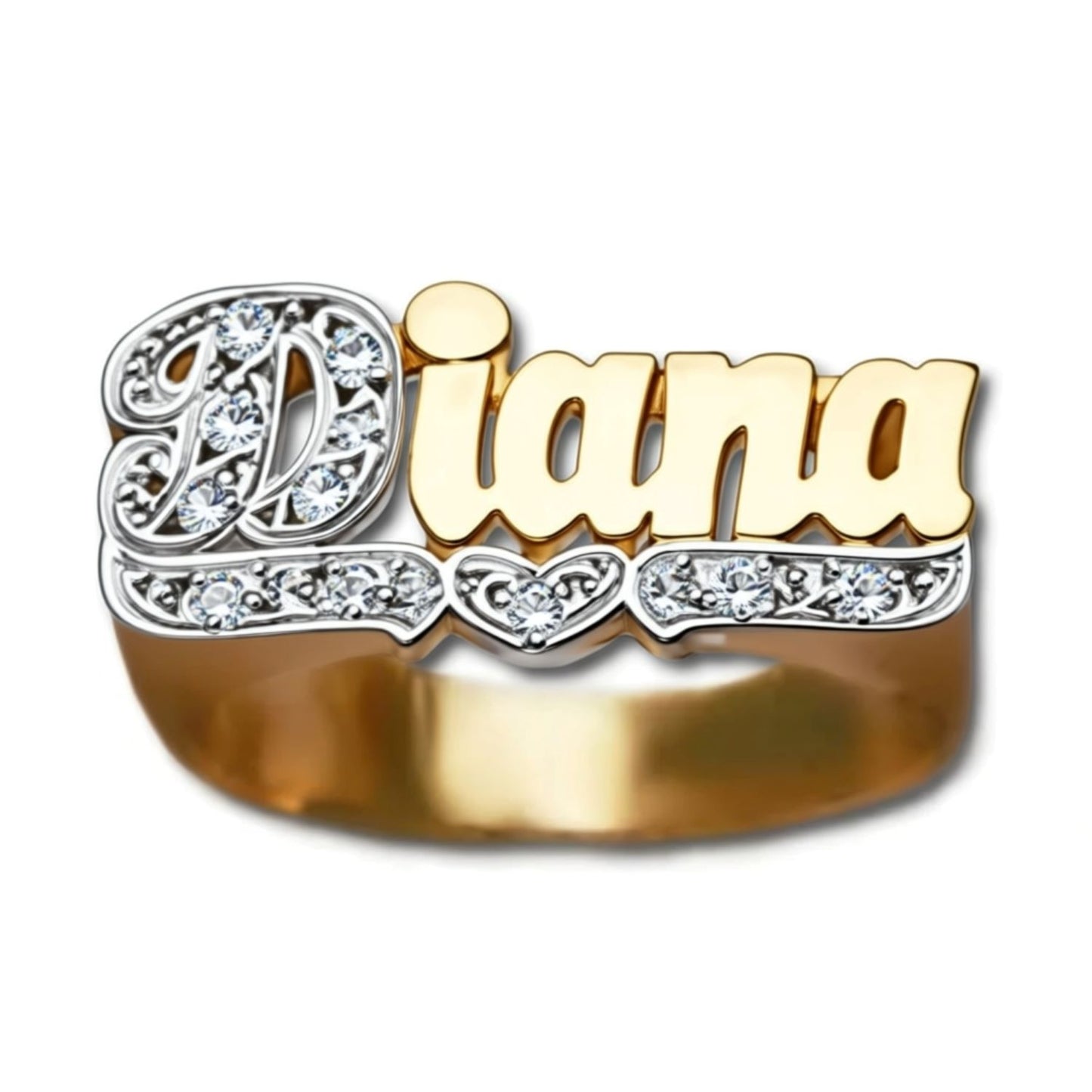Gold Name Ring-Heart and Diamonds - 10mm