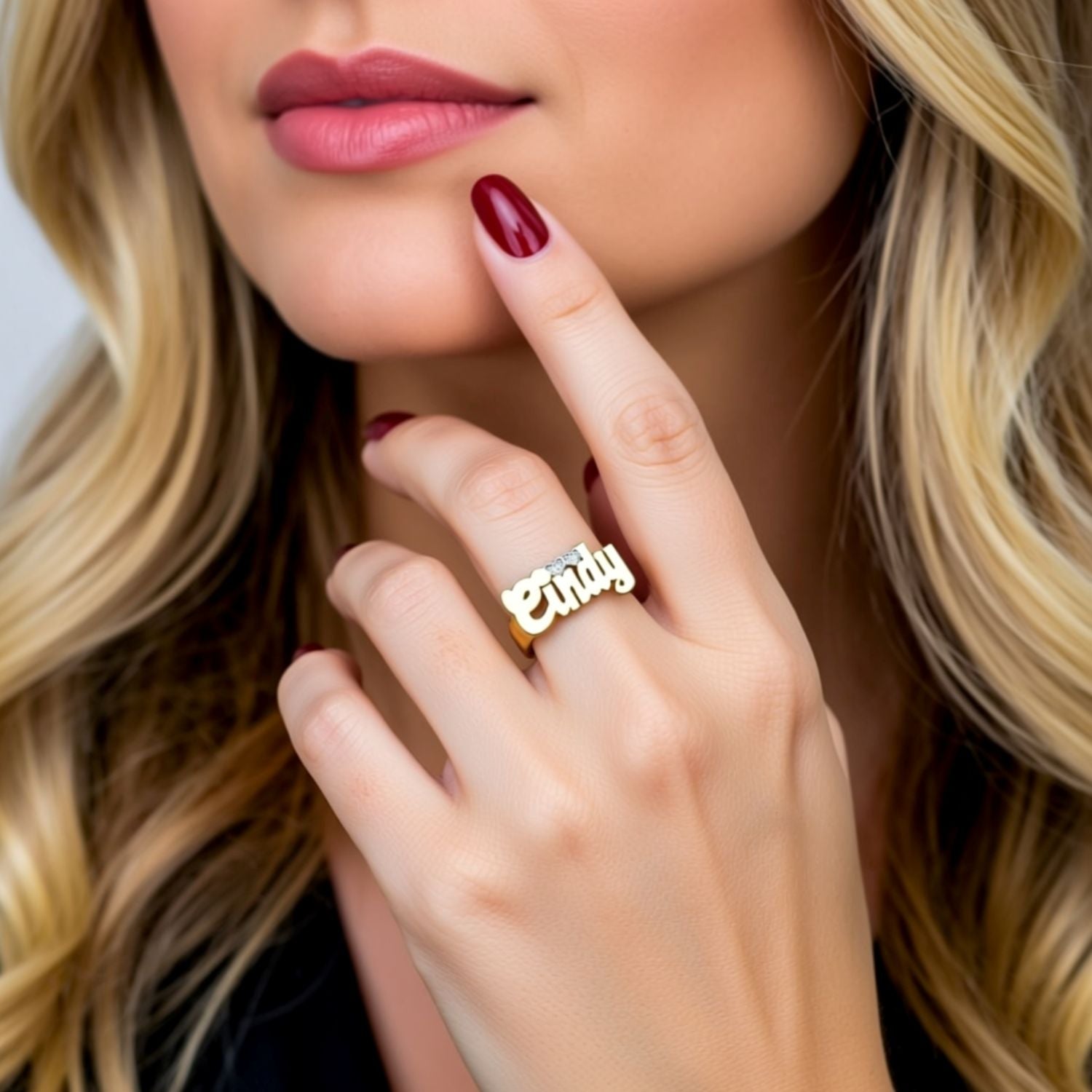 Large Script Name Ring with Diamonds 2