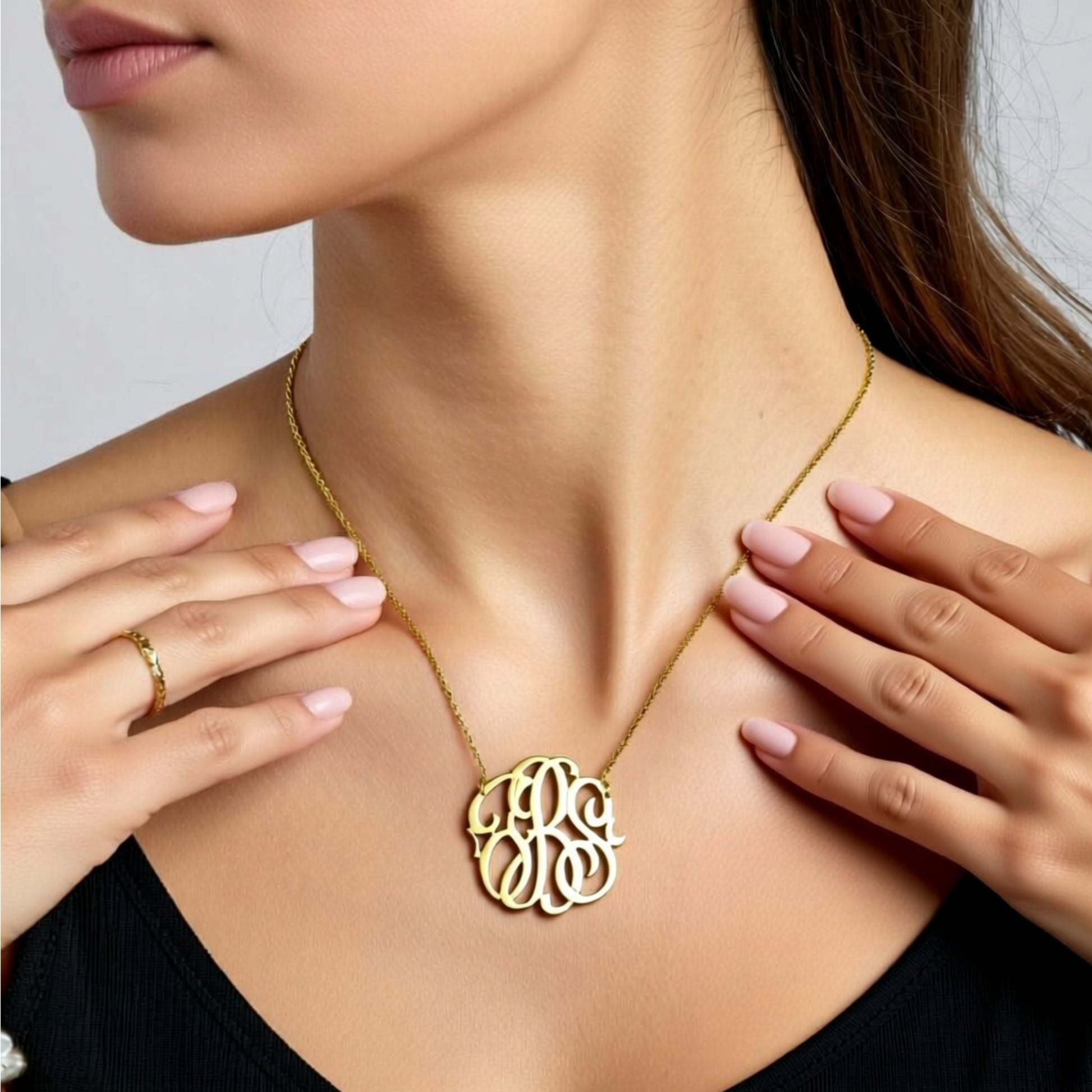 Medium/Large Gold Freeform Monogram Necklace on a person