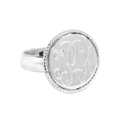 Sterling Silver Monogram Round Rope Edge Ring - Thick Band