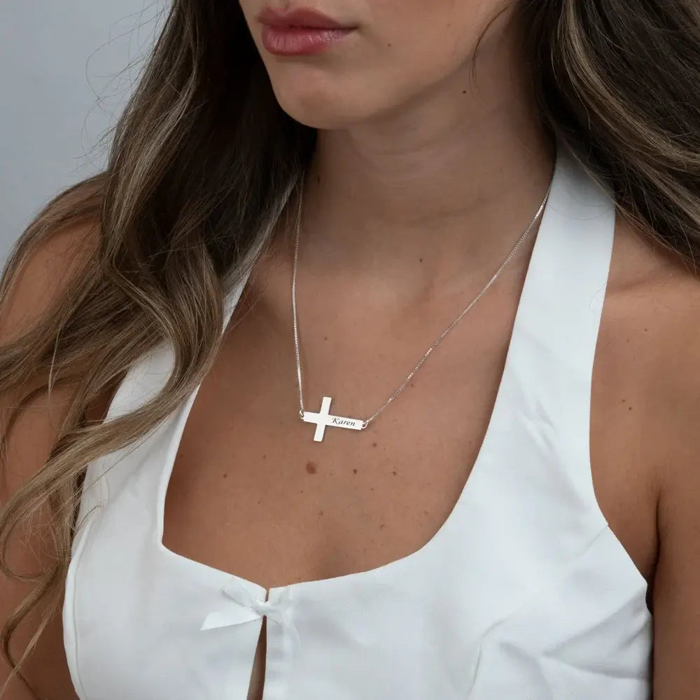 Personalized Sideways Cross Necklace on a person