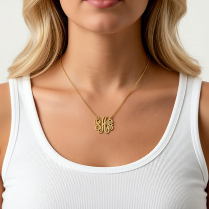 Small Fancy Script Monogram Necklace 2 on a person