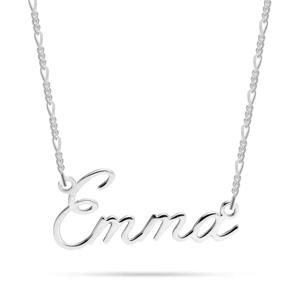 Sterling Silver Calligraphy Name Necklace on Figaro Chain