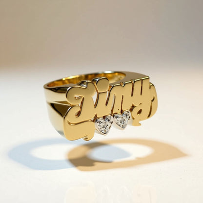 Gold Name Ring - Diamonds and Hearts 3