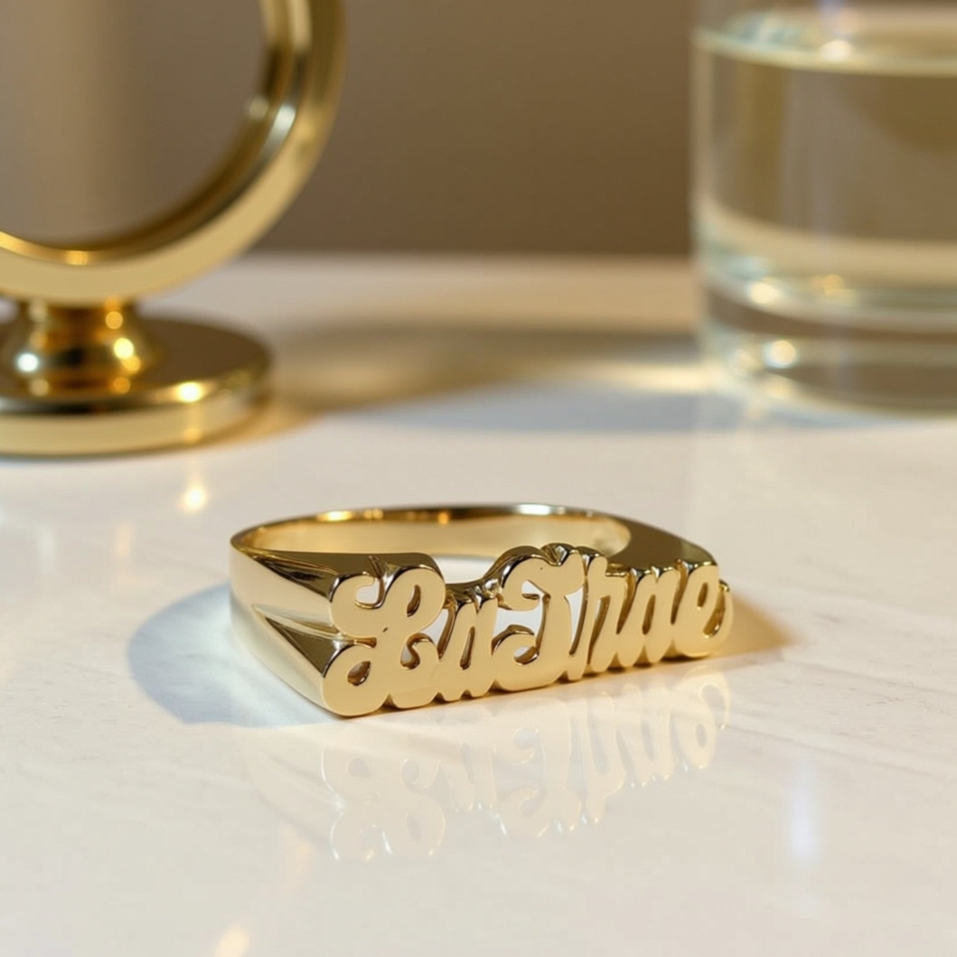 Small Gold Script Name Ring 4
