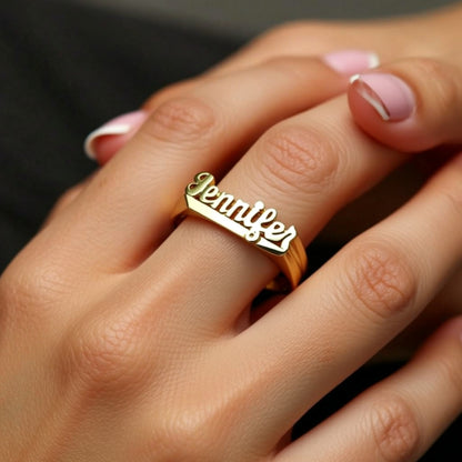 Small Script Gold Name Ring with Tail