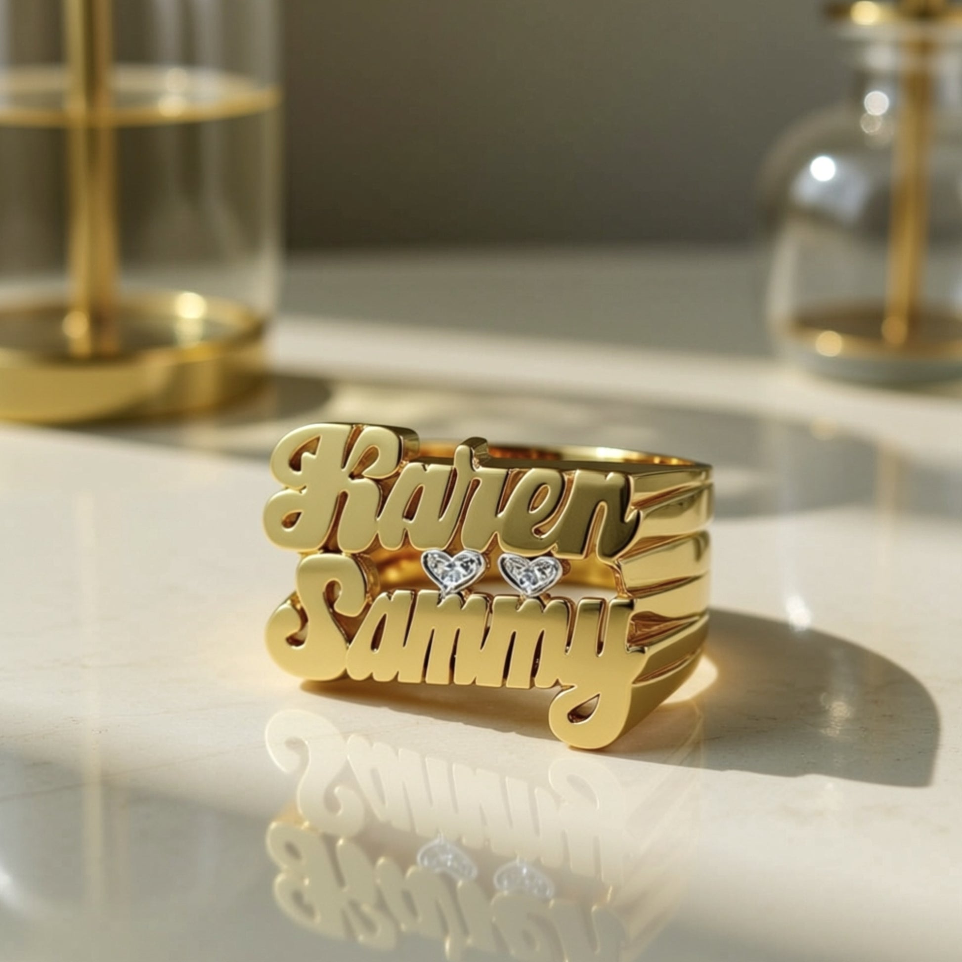 Two Name Ring - Hearts and Diamonds
