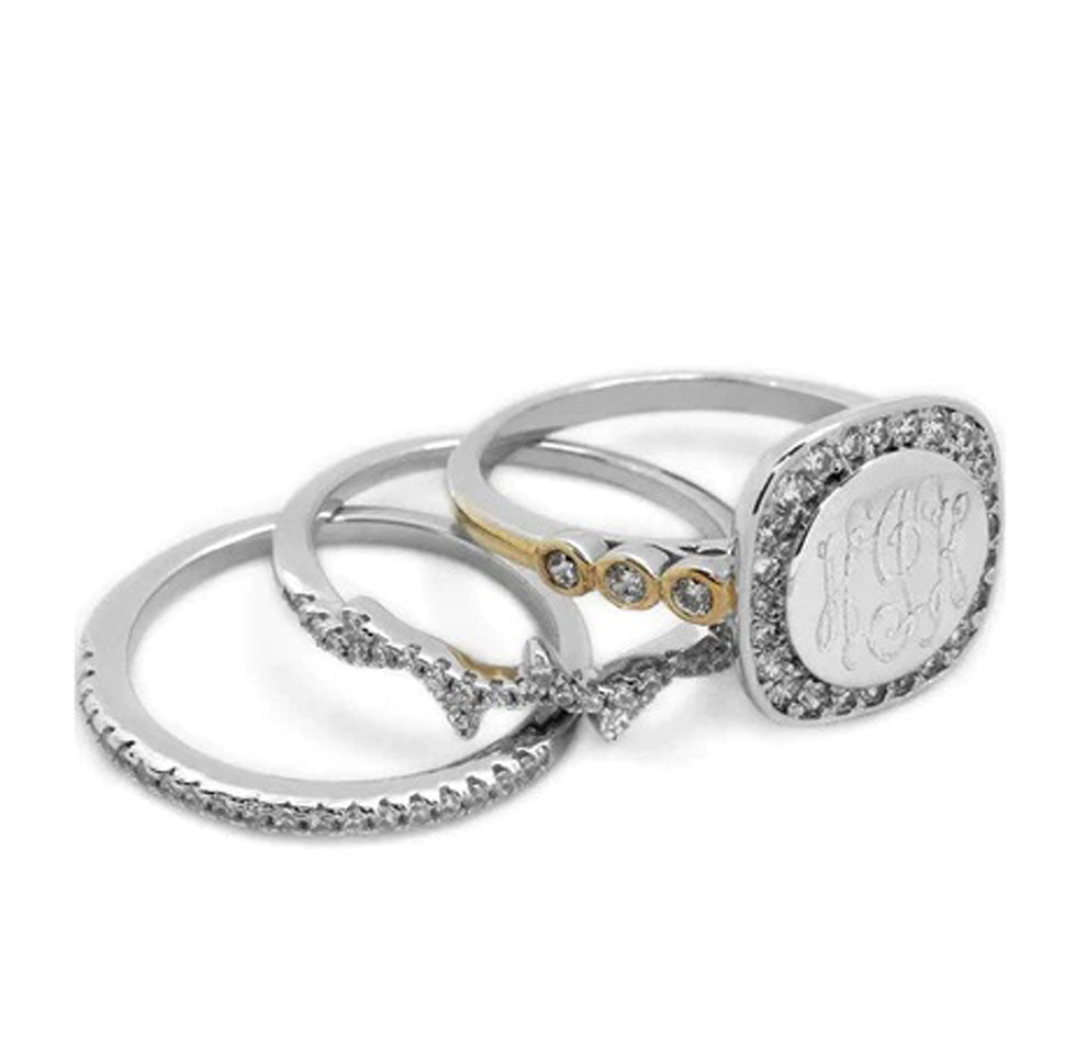 CZ Rimmed Monogram Two Toned Stacking Ring 2