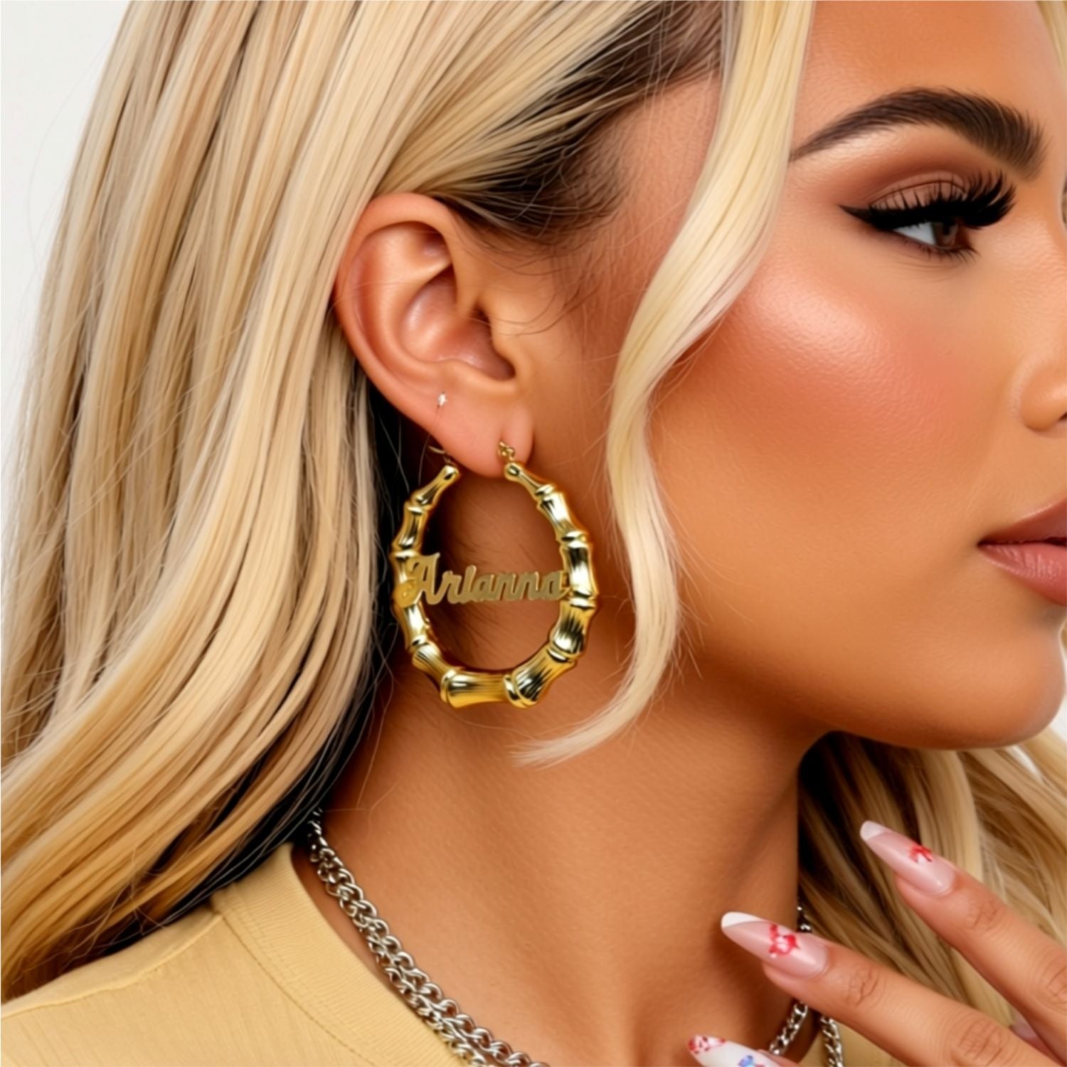 2 inch bamboo name hoop earrings
