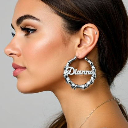 Silver Bamboo Name Hoop Earrings